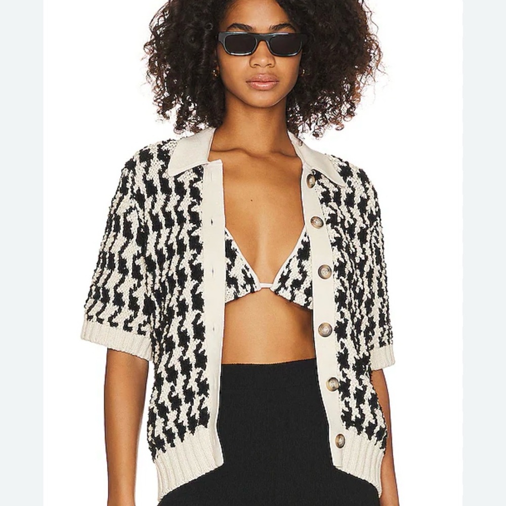 Anine Bing TOMMY CARDIGAN Black and Cream Textured Sweater, XS